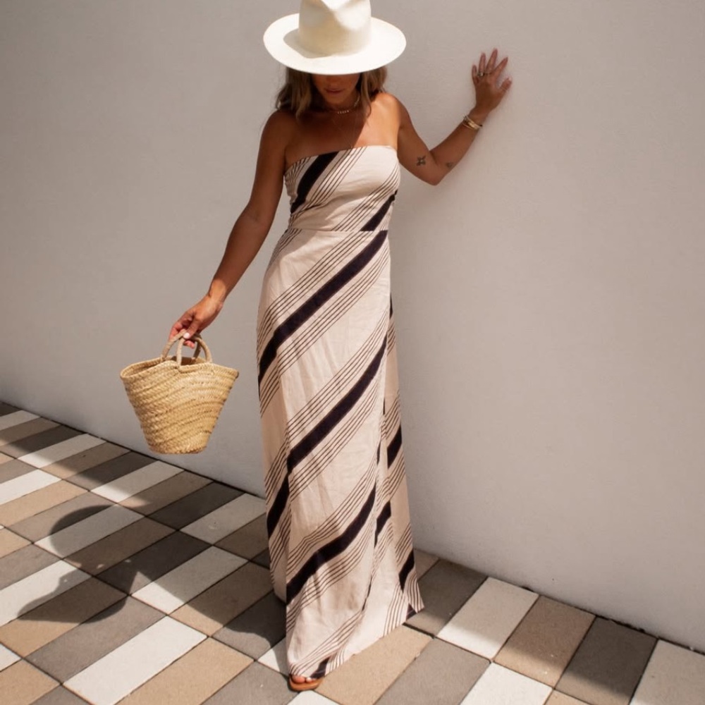 Olivaceous Striped Linen Blend Strapless Maxi Dress Size Medium